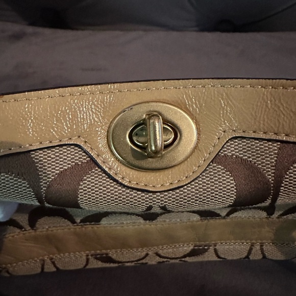 Coach Women's Tan Signature Fabric Leather Trim Turn Lock Minibag/Wristlet - Picture 9 of 16